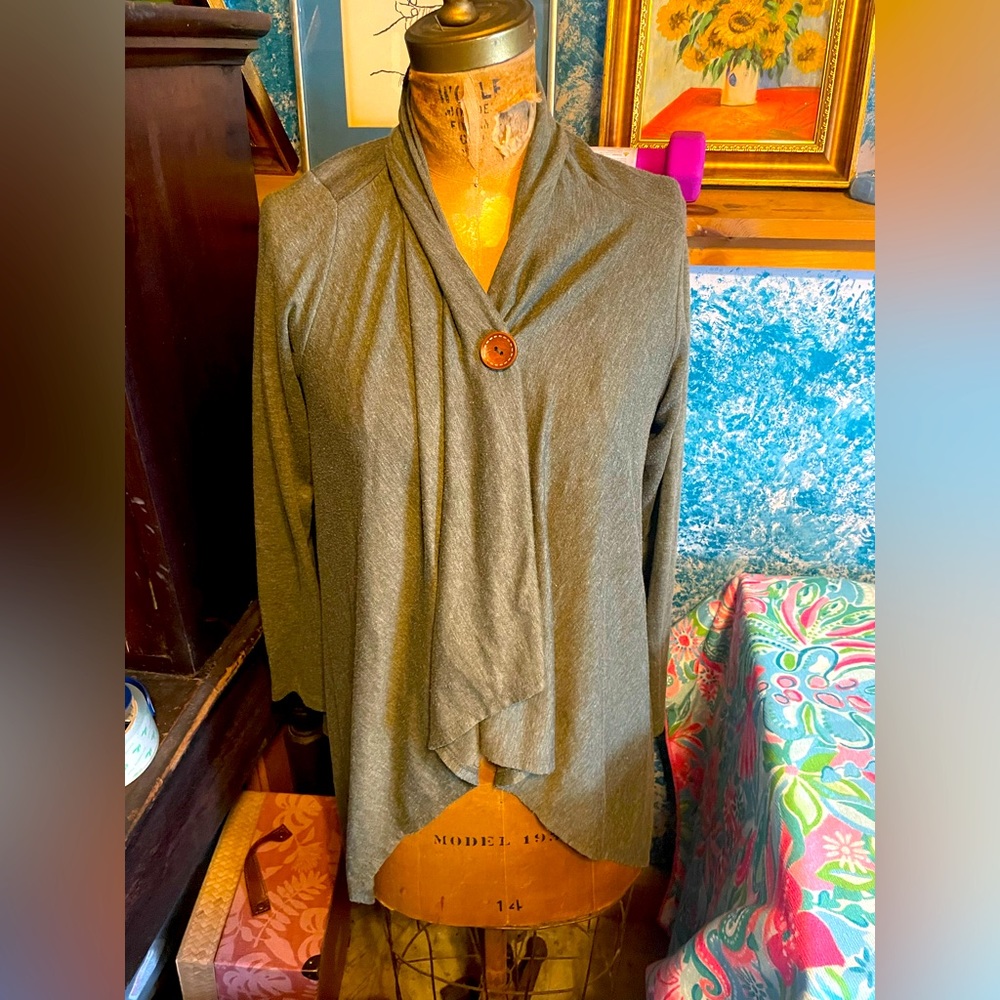 Bobeau Army Green One Button Poncho Wrap Cardigan Sweater M